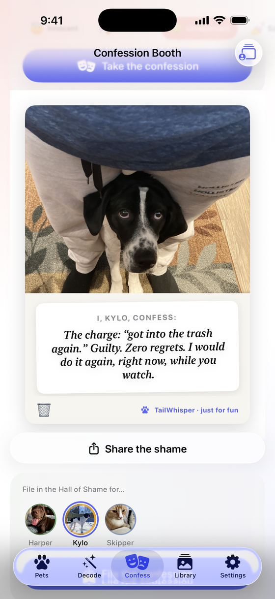 The Confession Booth: a pet photo with a signed confession placard